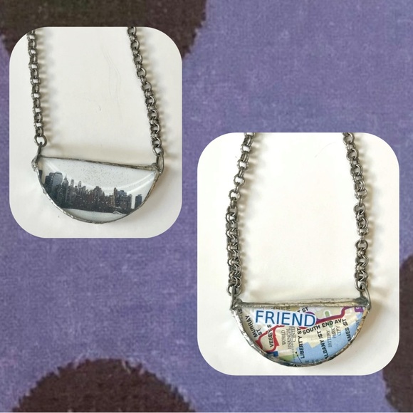 handmade shimmery silver necklace with map & city landscape - Picture 1 of 11